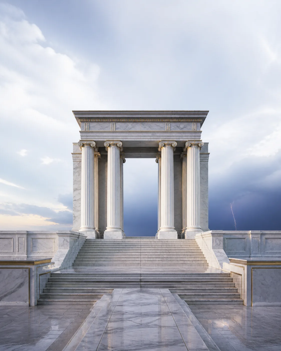 Original editorial visualization of a white marble gateway and stairs beneath a bright storm sky