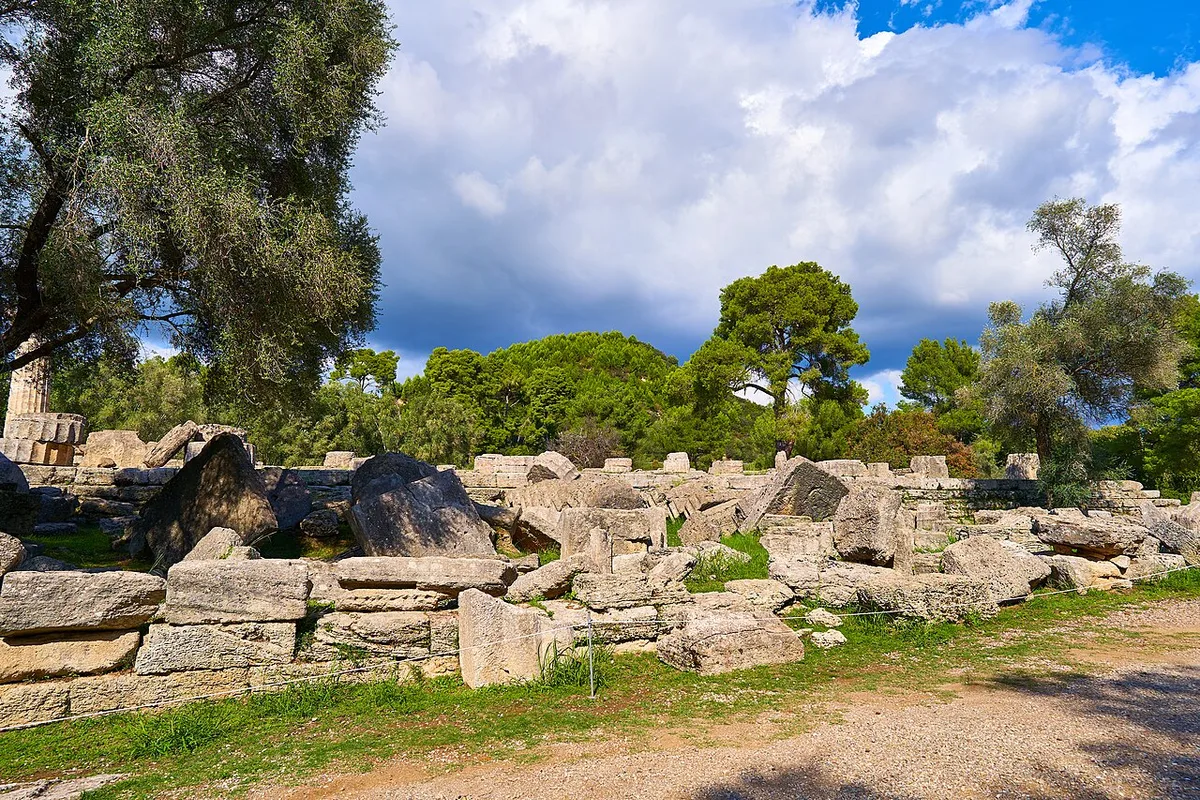 Collapsed architectural blocks at the Temple of Zeus in Olympia